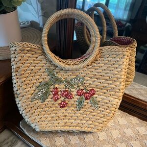 CAPPELLI STRAWORLD‎ *Vintage* Beaded Strawberry Straw Bag Gingham Lined 10x8x3